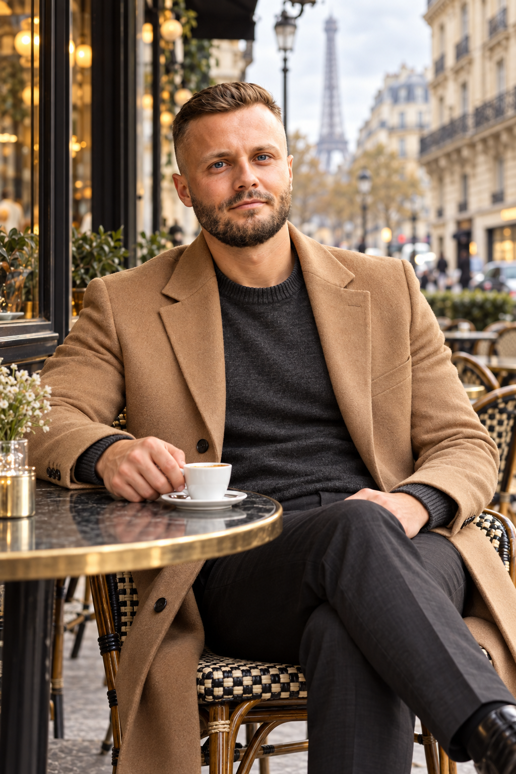 Zeljko Cikojevic in a camel coat at a Paris café
