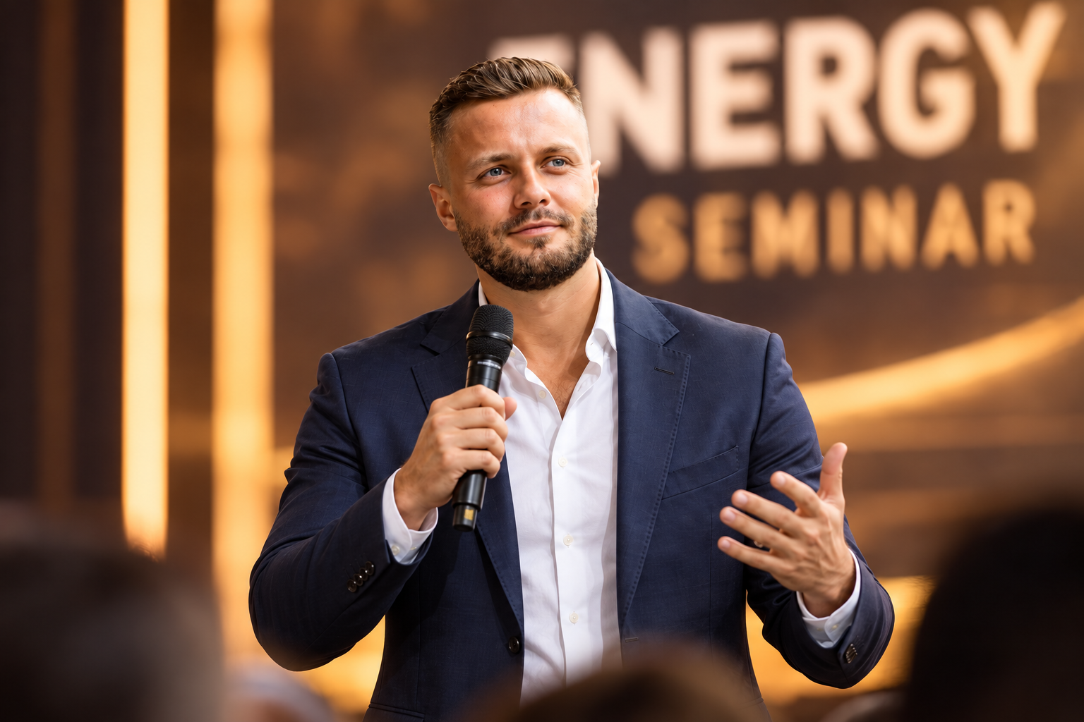 Zeljko Cikojevic speaking with a microphone at an Energy Seminar